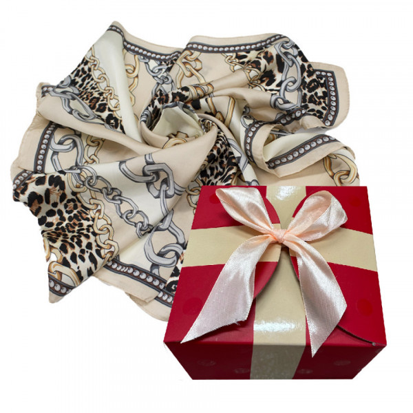 Esarfa de dama, din matase satinata, in cutie cadou, Tiger Chain, Crem, 70x70 cm