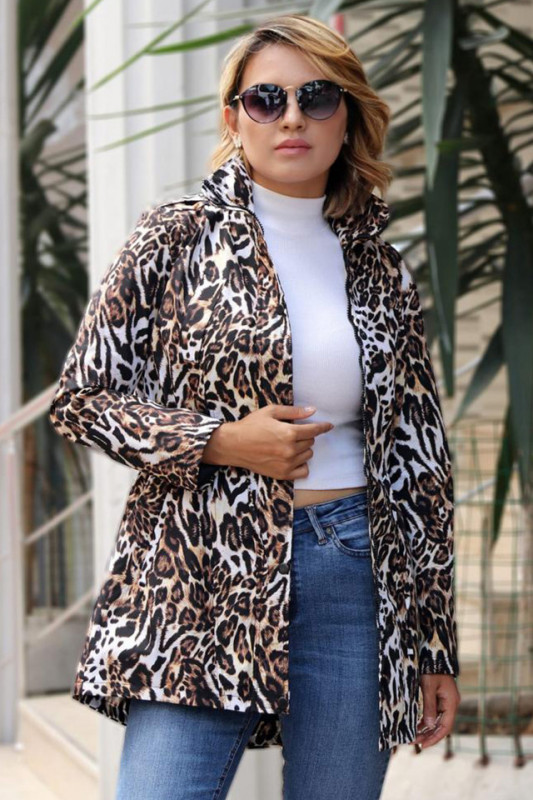 Geaca impermeabila Antonia, cambrata, cu guler inalt si fermoar, Animal print ghepard