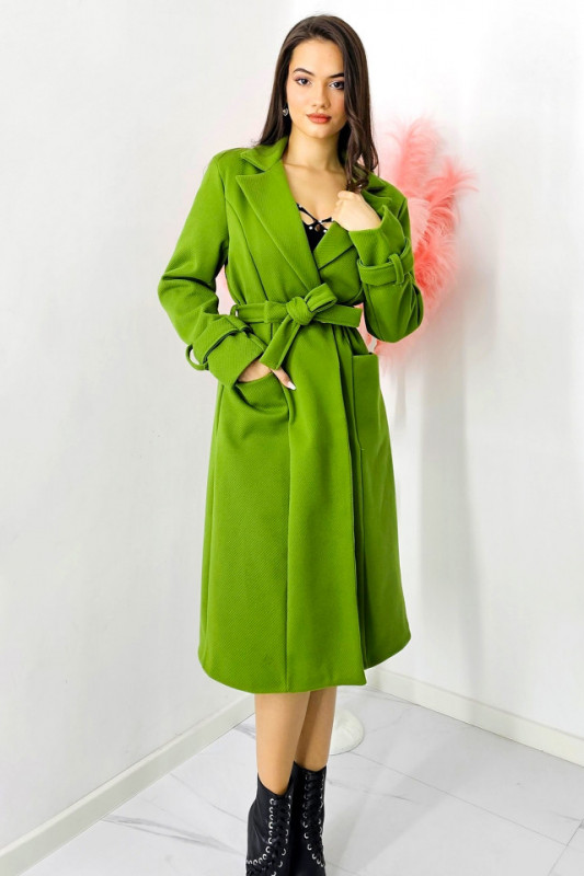 Palton trei sferturi Eloise, aspect petrecut si cordon detasabil, Verde olive, Marime S/M