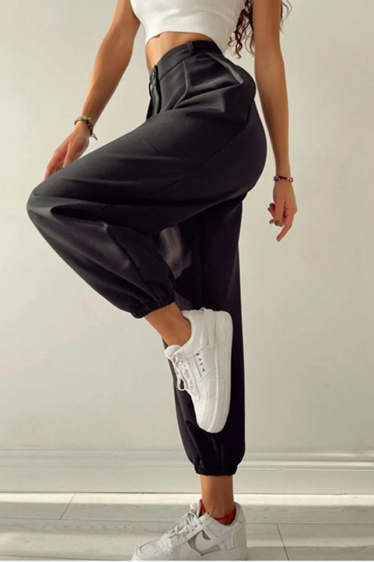Pantaloni bufanti Tomas, cu talie inalta si pense ample, Negru