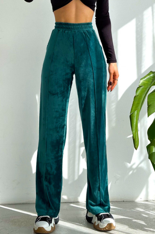 Pantaloni de catifea Touch, croiala lejera cu dunga pe picior, Verde