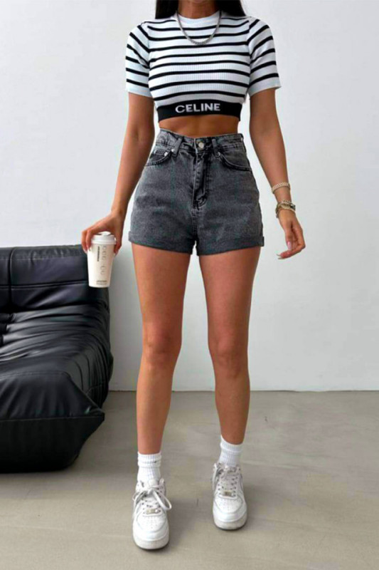Pantaloni scurti de blugi Mika, cu manseta, croiala mom slimfit si buzunare practice, Gri