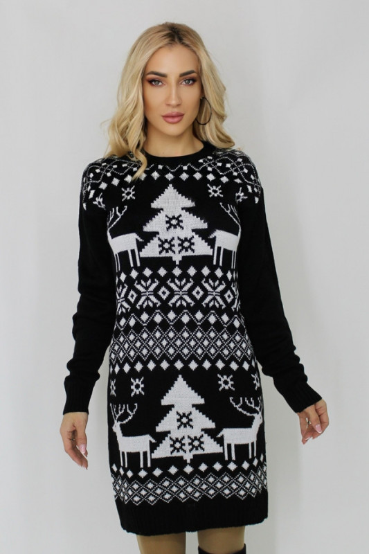 Rochie tricotata cu tematica de Craciun, Snowy tree, Negru, Marime: OneSize S/M