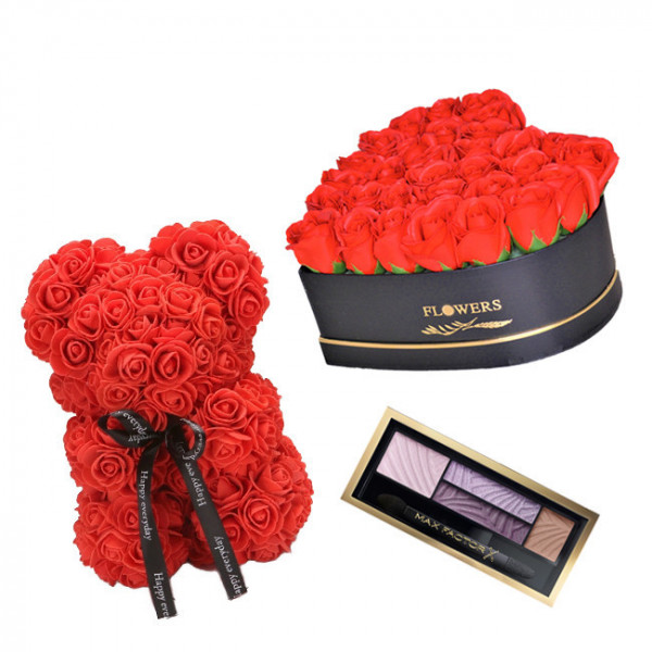 Set Cadou Aranjament floral cutie inima neagra cu trandafiri rosii de sapun, Ursulet floral Rosu 25cm si Paleta fard Max FactorX