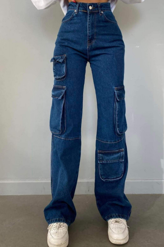 Blugi evazati Keen, tip cargo cu buzunare oversize si cusaturi evidentiate, Bleumarin