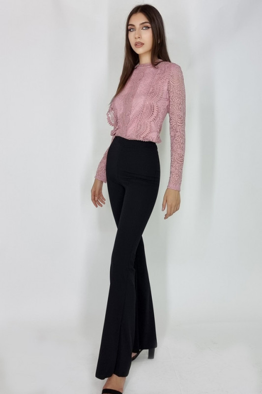 Compleu Federica, camasa cu efect brodat si pantalon evazat, Roz, Marime universala S/M