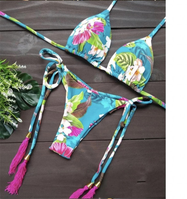 Costum de baie Aruba, din doua piese, cu snururi de prindere, blue multicolor