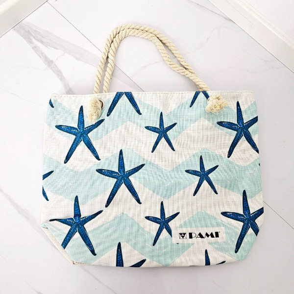 Geanta de plaja Genevie, cu imprimeu de vara si manere tip sfoara, Starfish, 46x36