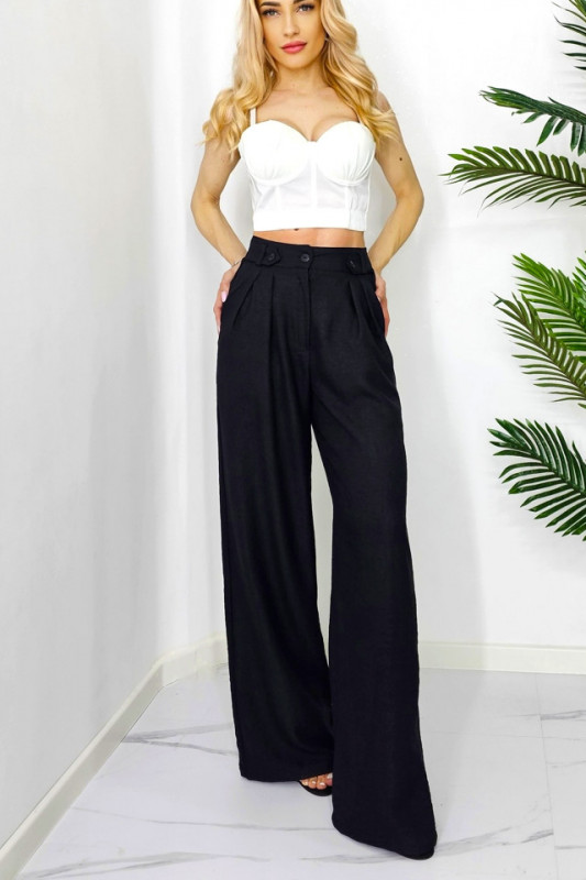 Pantaloni casual Tamy, cu pense si croiala Large evazata, Negru