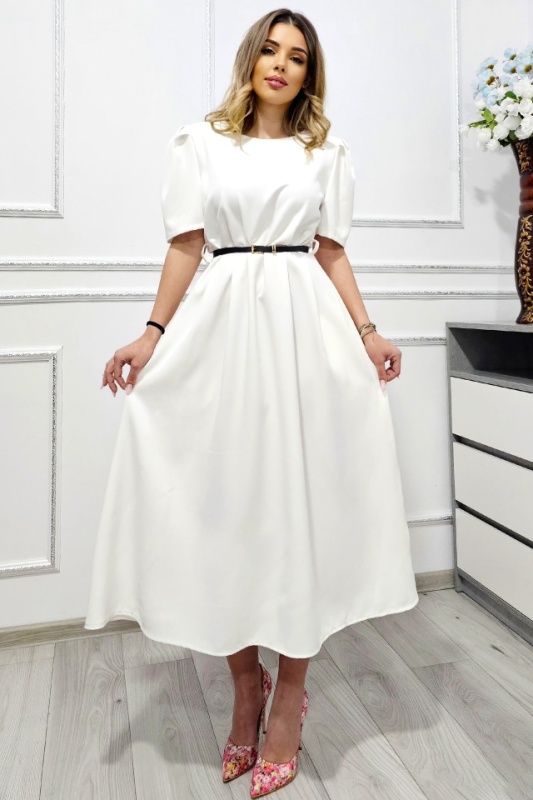 Rochie office SOREYA, cu maneca scurta si croi bufant, Alb Uni, Marimea S/M