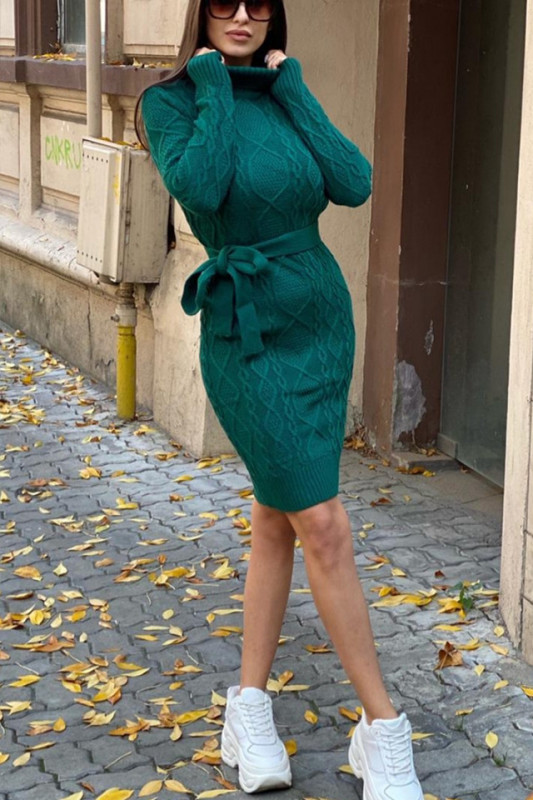 Rochie tricotata Sara, cu guler rulat si maneci lungi, Verde