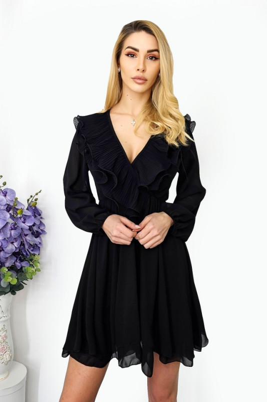 Rochie vaporoasa Theea, cu volane plisate si maneci lungi usor bufante, Negru, Marime universala S/M