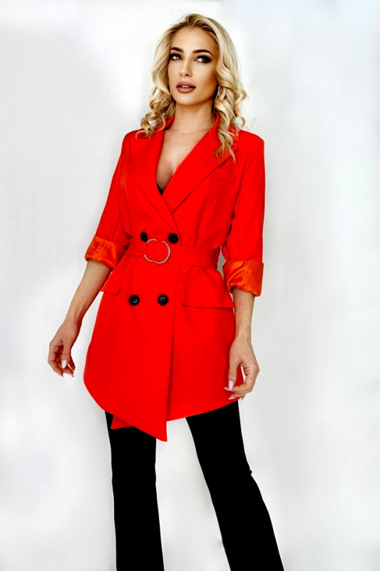 Sacou lung Petta, croiala asimetrica, cordon asortat si buzunare decorative, Orange, Marime universala S/M/L