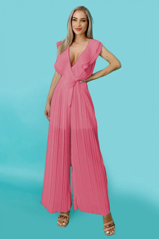 Salopeta lunga, plisata, Alina, cu maneca scurta, Roz deschis, Marime universala S/M