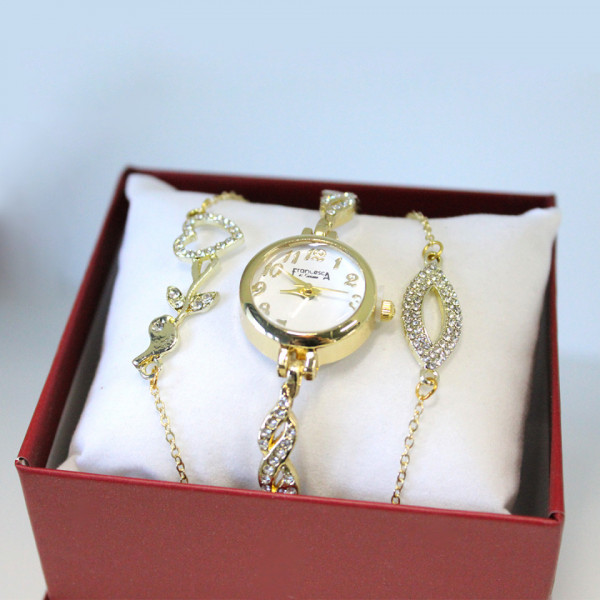 Set elegant Francesca di Geneva, cu ceas metalic, aspect impletit, cristale si doua bratari asortate din inox, Auriu