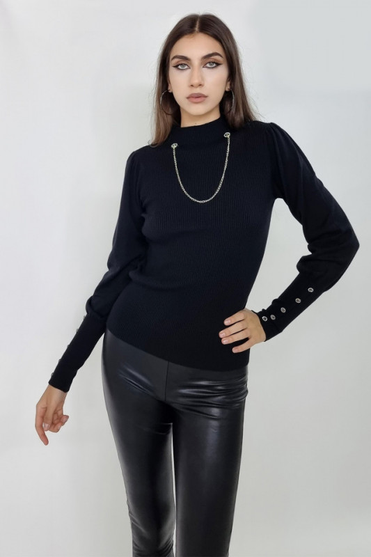 Bluza dama Zarita, casmir si guler stilizat cu lant metalic delicat, Negru, Marime universala S/M