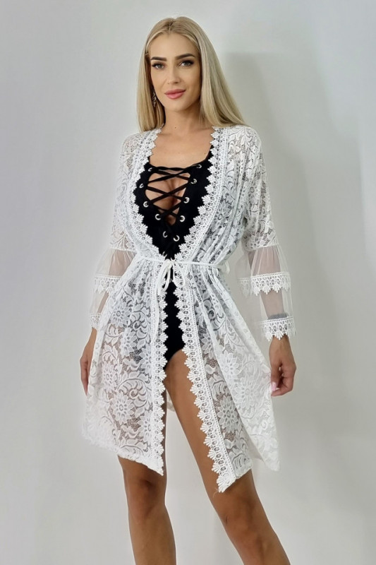 Cardigan pentru plaja Nabila, cu maneca lunga si imprimeu floral, Alb