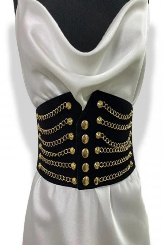 Centura corset FFY neagra, din piele ecologica, elastica, cu lanturi aurii