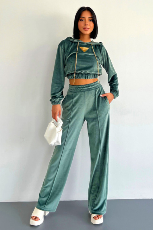 Compleu casual Maribela, din catifea, cu pantaloni lejeri si bluza cu gluga, Verde