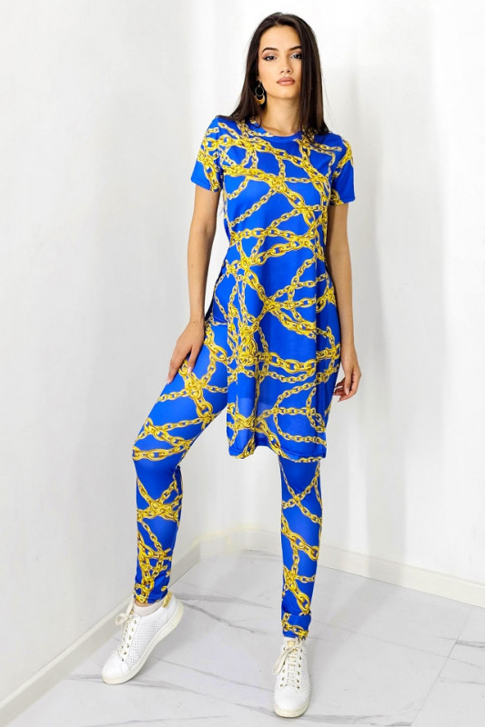 Compleu dama Bigail, imprimeu realist, bluza cu slituri laterale si colanti cu textura elastica, Albastru