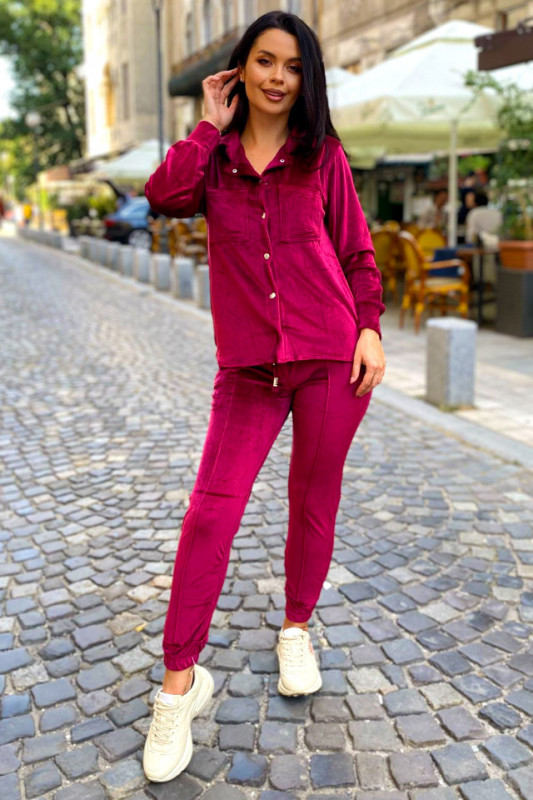 Compleu de catifea Aurora , pantaloni si camasa, ROZ inchis, Marime S/M