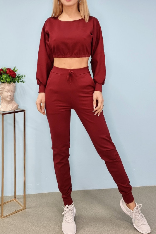 Compleu sport Anna, doua piese, pantaloni si bluza scurta, Burgundy