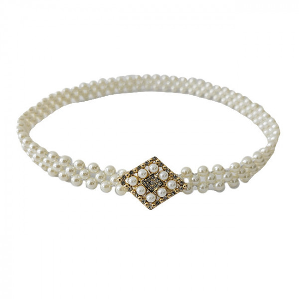 Curea elastica Pearly, catarama metalica decorativa si perle, Rhomb