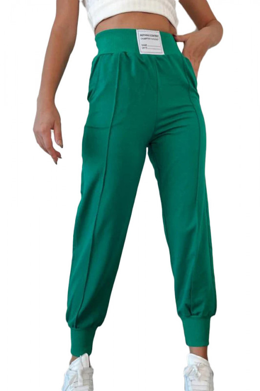 Pantaloni sport Janina, din bumbac, cu talie inalta si mansete elastice, Verde