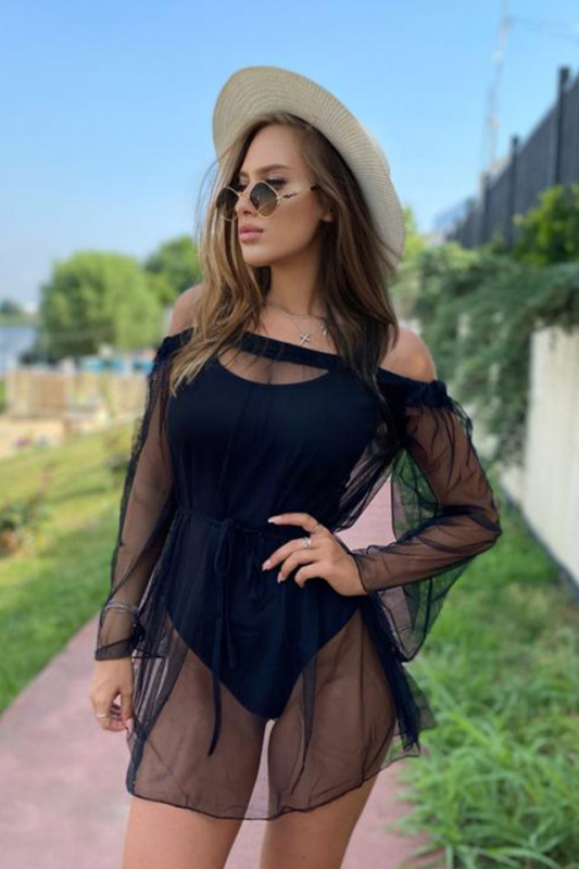 Set Floridas, costum de baie intreg si rochie din plasa, Negru