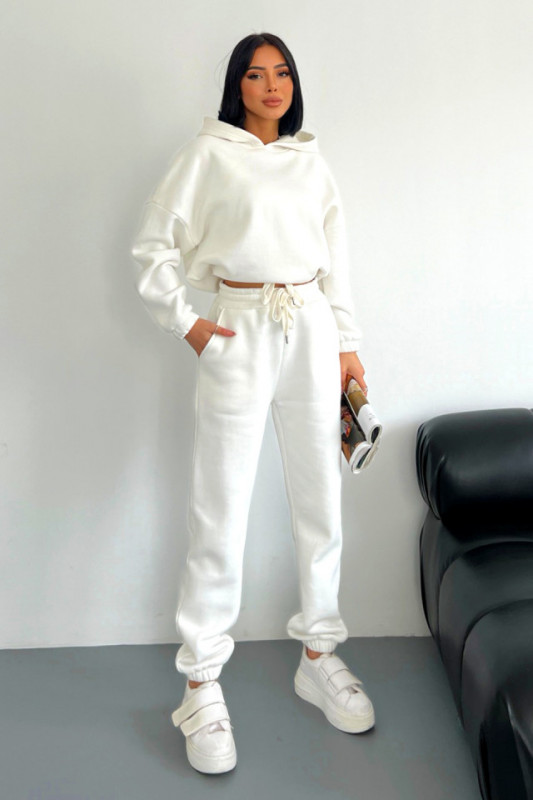Trening bumbac vatuit Sporty, bluza si pantaloni cu snururi si rejansa in talie, Alb