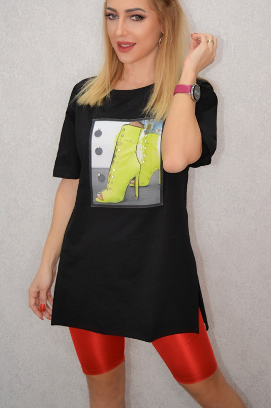 Tricou dama lung, cu imprimeu "botine verzi", Negru