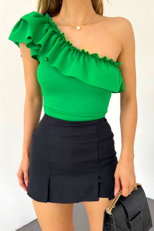 Bluza asimetrica Elara, cu umarul gol si volan oversize, Verde