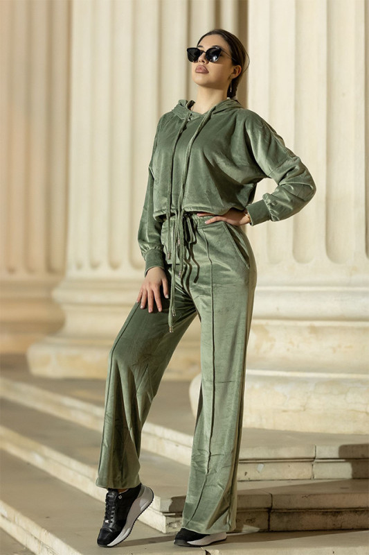 Compleu catifea Francisca pantaloni evazati si bluza cu gluga, Kaki1