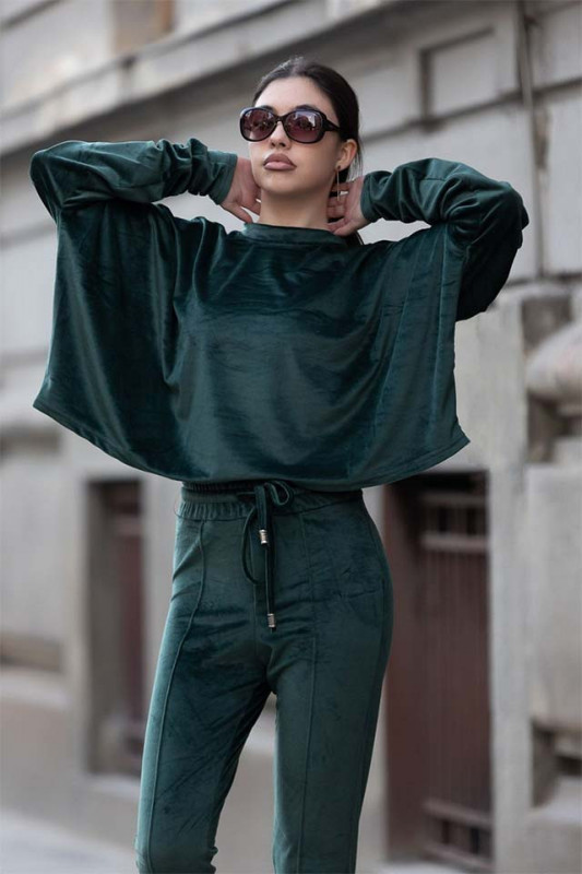 Compleu de catifea Beya - pantaloni cu banda sub talpa si bluza larga , Verde smarald, Marime universala S/M