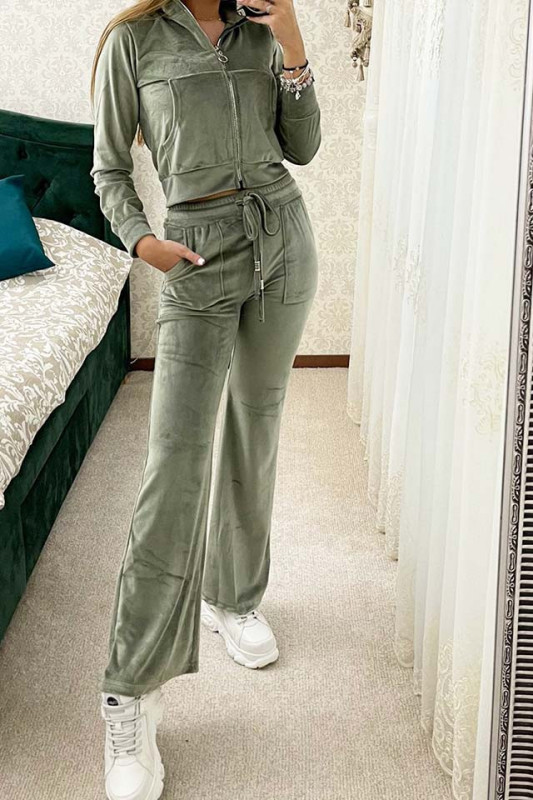Compleu de catifea Sanda, pantaloni evazati si bluza, kaki