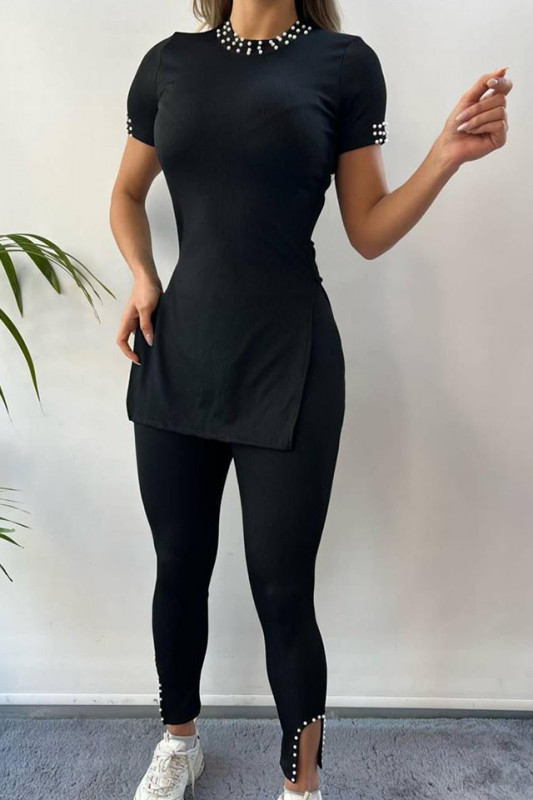 Compleu tetra Ozana, bluza lunga decupata si colanti accesorizati cu perle, Negru