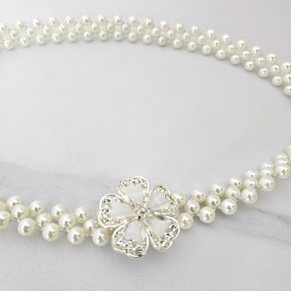 Curea elastica Pearly, catarama metalica decorativa si perle, Silver Flower