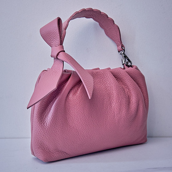 Geanta dama, UrbanElegance, din piele naturala cu fundita decorativa si detalii hobo, Roz prafuit