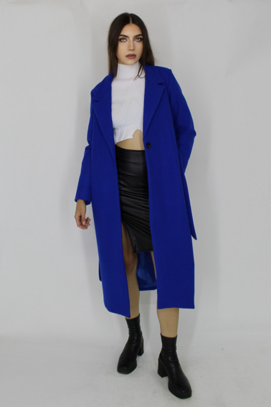 Palton lung Melanda, material gros si cordon detasabil, Albastru, Marime universala S/M/L