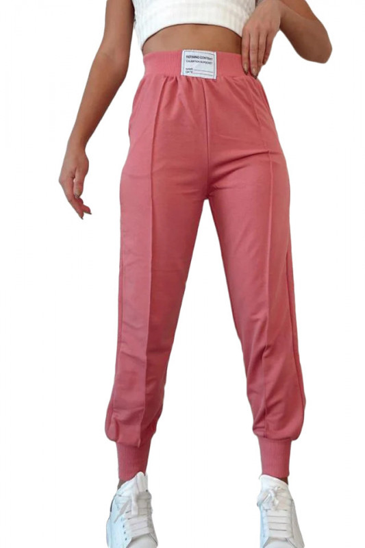 Pantaloni sport Janina, din bumbac, cu talie inalta si mansete elastice, Roz