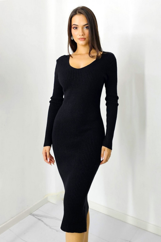 Rochie bodycon Mina, tricot cu casmir, decolteu si nervuri in relief, Negru