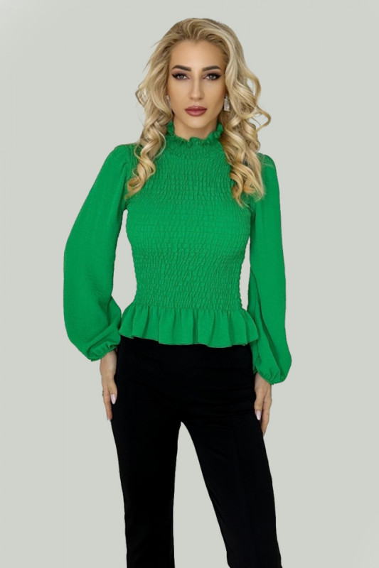 Bluza eleganta Cadence, cu tesatura vaporoasa, guler cu volanase si fronseuri, Verde, Marime universala S/M