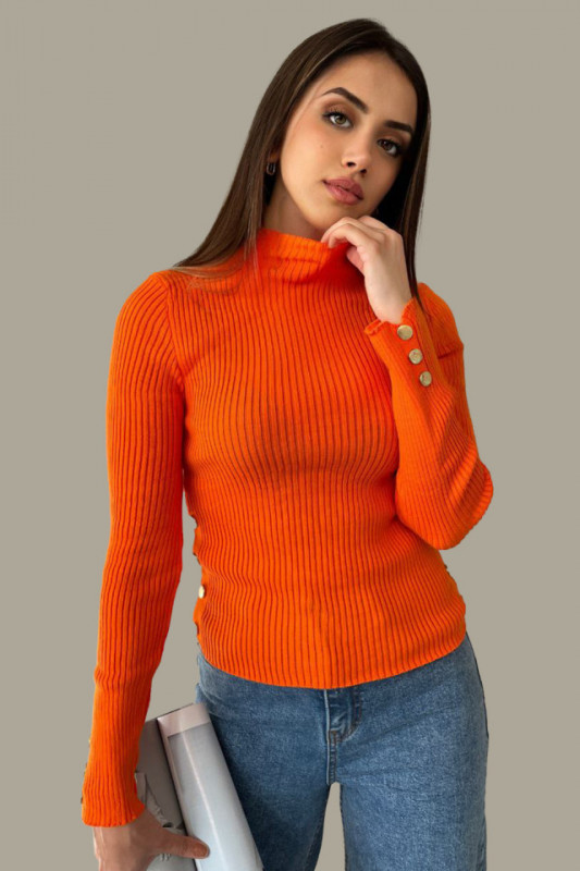 Bluza tricot Hella, cu guler inalt, striatii si detalii metalice, Portocaliu