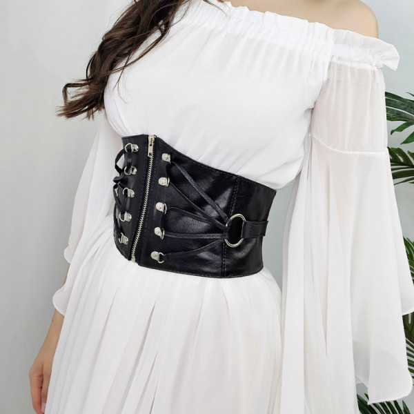 Centura corset Tez, din piele ecologica, elastica, cu fermoar si detalii metalice, Negru