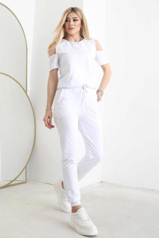 Compleu cu perle Jupiter, pantaloni si bluza cu maneca scurta, Alb