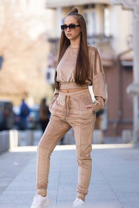 Compleu de catifea Dyia, pantaloni si bluza cu umar cazut, Crem1