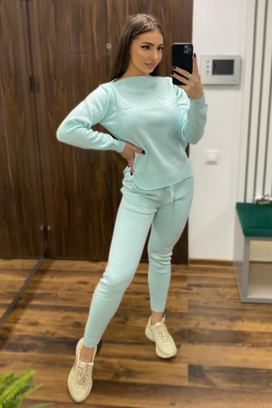 Compleu tricot VGE, bluza cu imprimeu embosat si pantaloni conici, Vernil, Marime S/M