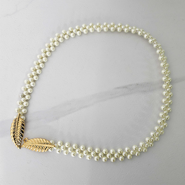 Curea elastica Pearly, catarama metalica decorativa si perle, Gold Leaf