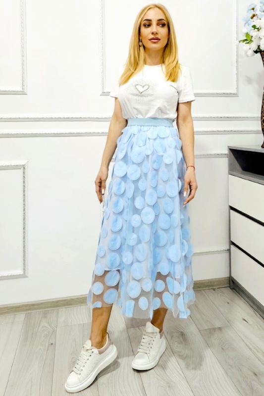 Fusta lunga eleganta Zefira, cu tull, aplicatii satinate si buline 3D, Albastru Baby Blue, Marime S/M