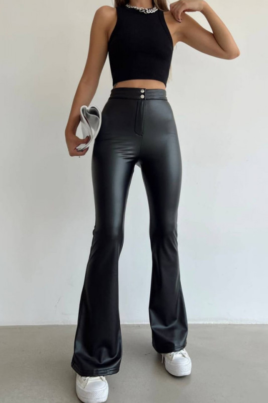 Pantaloni evazati Balkan, din piele ecologica, cu banda fixa in talie si inchidere cu doi nasturi, Negru